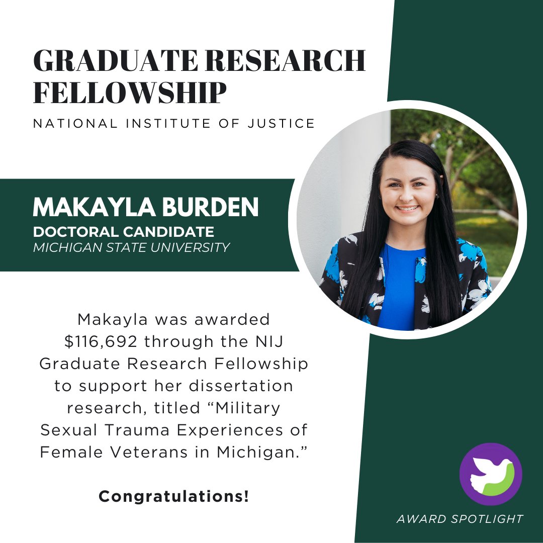 🌟AWARD SPOTLIGHT 🌟
Congratulations to DOV student member Makayla Burden for receiving the Graduate Research Fellowship (GRF) from the National Institute of Justice (NIJ) in 2023!