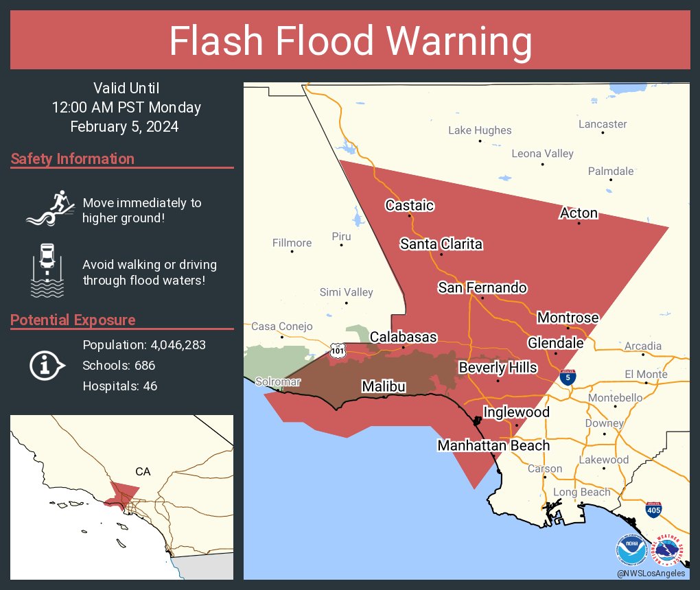 Flash Flood Warning including Glendale CA, Santa Clarita CA and Inglewood CA until 12:00 AM PST