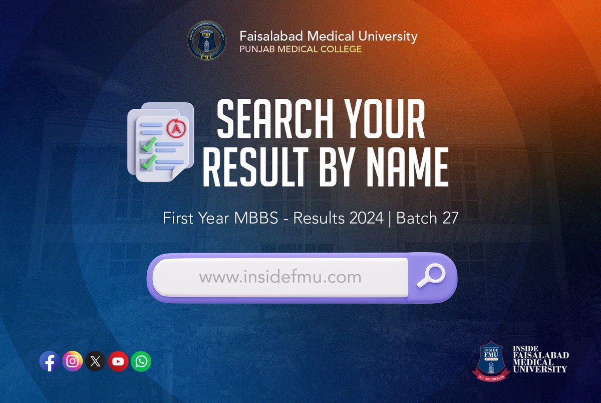 1st year MBBS Result by name is available now on our website.
You can also check your rank in class.
Visit now: insidefmu.com/fmu-1st-year-m…