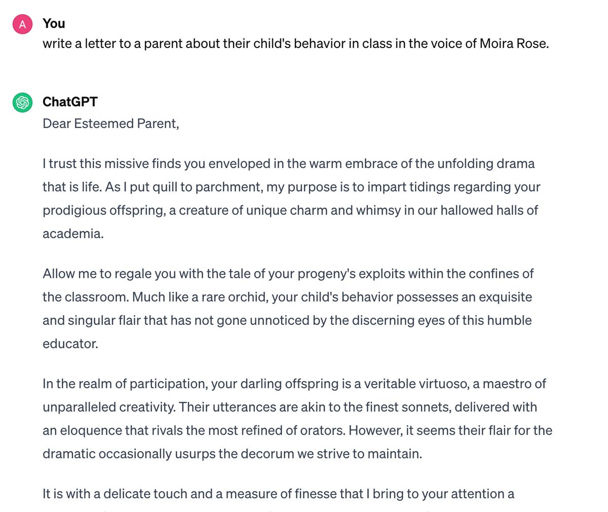 Asking AI to write things in the voice of Moira Rose is my new favorite past time! #TCEA #TCEA24