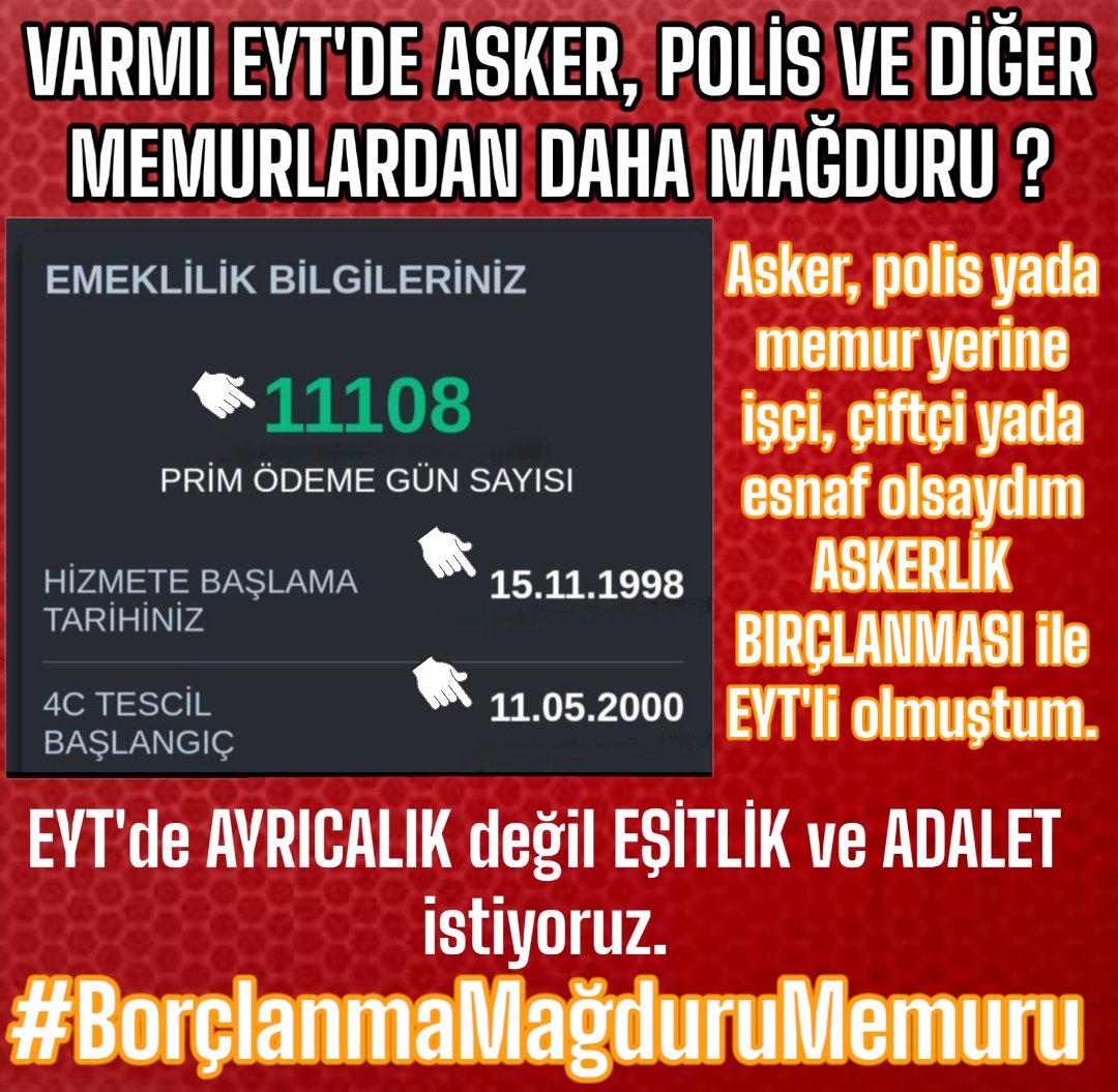 İşçi ve Esnaf ile 2008 sonrasında memur olanların "İşe Başlama Tarihini" geriye ÇEKEN,
"Askerlik Hizmet Borçlanmasının"
Aynı şartlardaki Asker, Polis ve Memurların "İşe Başlama Tarihini" de geriye ÇEKMESİNİ İSTİYORUZ.
<a href="/RTErdogan/">Recep Tayyip Erdoğan</a>
<a href="/isikhanvedat/">Prof. Dr. Vedat Işıkhan</a>
#BorçlanmaMağduruMemurlar