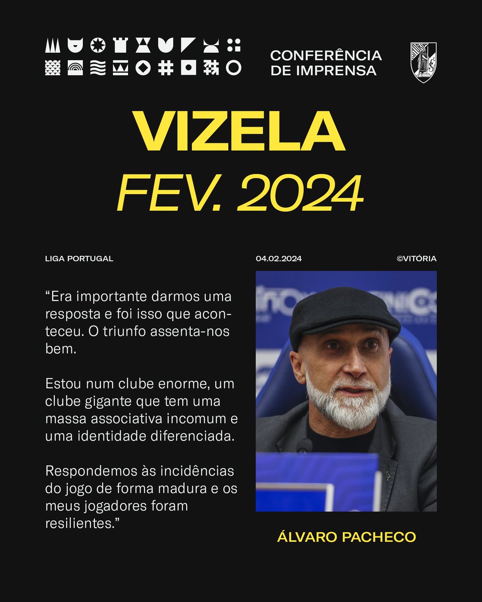 VitoriaSC1922's tweet photo. 💬 "É uma vitória justa”

🗣 Em análise ao triunfo sobre o FC Vizela (0-1), Álvaro Pacheco sublinhou a forma como a equipa reagiu às adversidades do encontro

🔗 Vê tudo em https://t.co/rXl1IxrBNM

#PaixãoePropósito #LigaPortugal #FCVVSC https://t.co/722lGoLTep