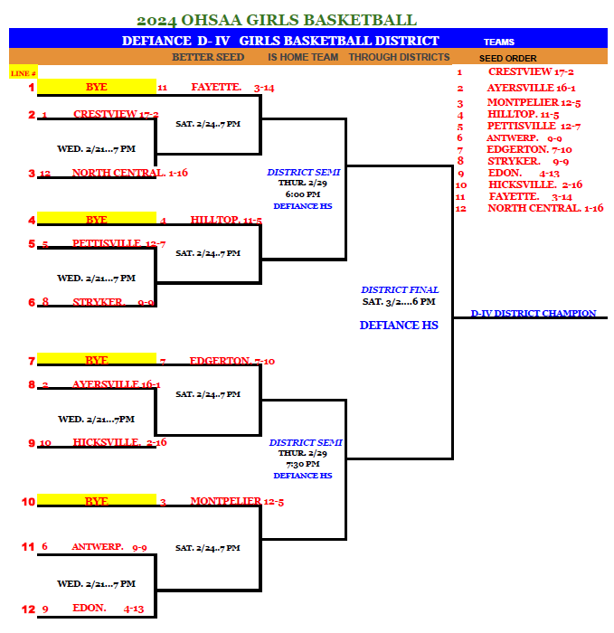 HS Girls D-IV Defiance District Bracket