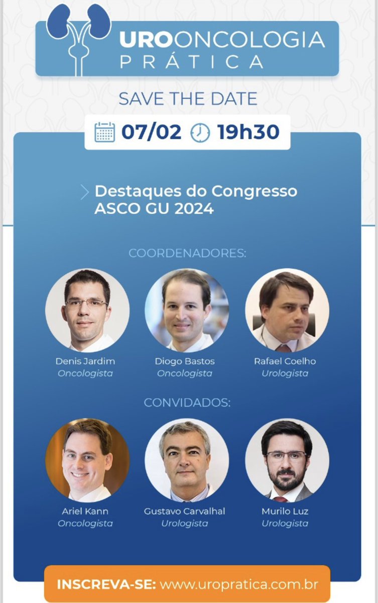Join us for the highlights of #GU24 . Practical and important topics with great superstars discussing.             
👉02/07/24 ⏰7:30 pm (GMT-3) <a href="/ArielKann/">Ariel Kann</a> <a href="/gcarvalhal3/">Gustavo Carvalhal</a> 
<a href="/DiogoAssed/">Diogo Assed Bastos</a> <a href="/RafaelFCoelho2/">Rafael Coelho</a> <a href="/docmeetings/">@DocMeetings - Urology</a> <a href="/DocmeetingsOnco/">DocMeetings_Oncology</a>
uropratica.com.br -online and free