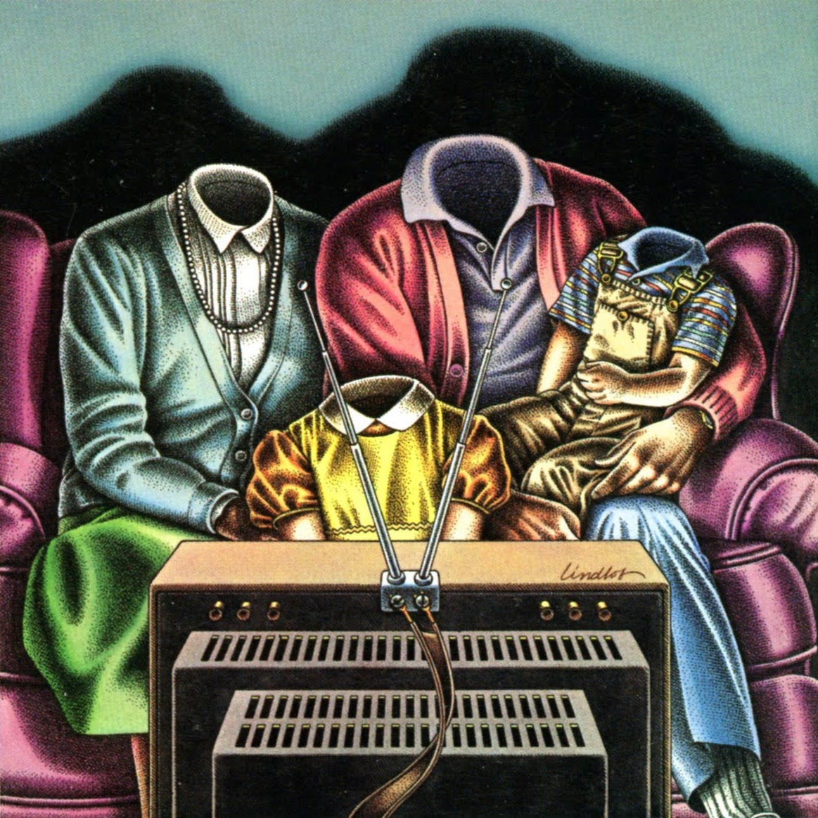 ed lindlof cover art for 'amusing ourselves to death' by neil postman, 1985