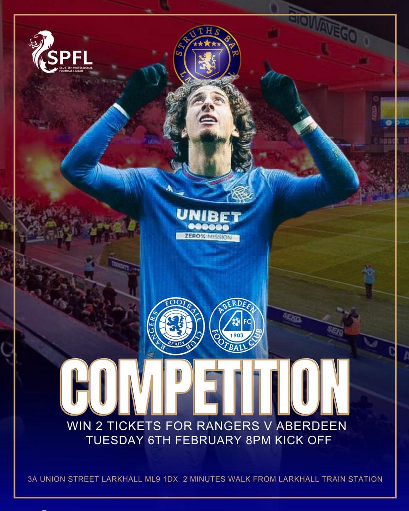 A Great Ibrox Stadium tickets giveaway! ⚽️

Win 2 tickets for Tuesdays huge match! 
Rangers v Aberdeen 

To win them simply follow the instructions below 👇
________________________________

- Follow <a href="/StruthsBar/">Struths Bar</a>

- In the comments tag the person you're taking 

- Share this post