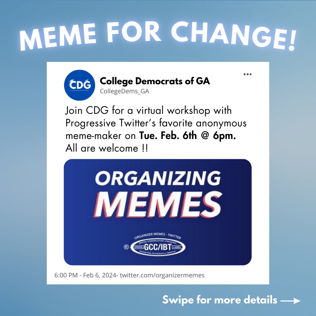 CollegeDems_GA's tweet photo. Hi y'all! We're the College Democrats of Georgia, and this is our brand-new official account!

Our first order of business: encouraging everyone to join our virtual workshop with @OrganizerMemes this Tuesday. Trust us, you don't want to miss it! https://t.co/ThrYfoYEu4