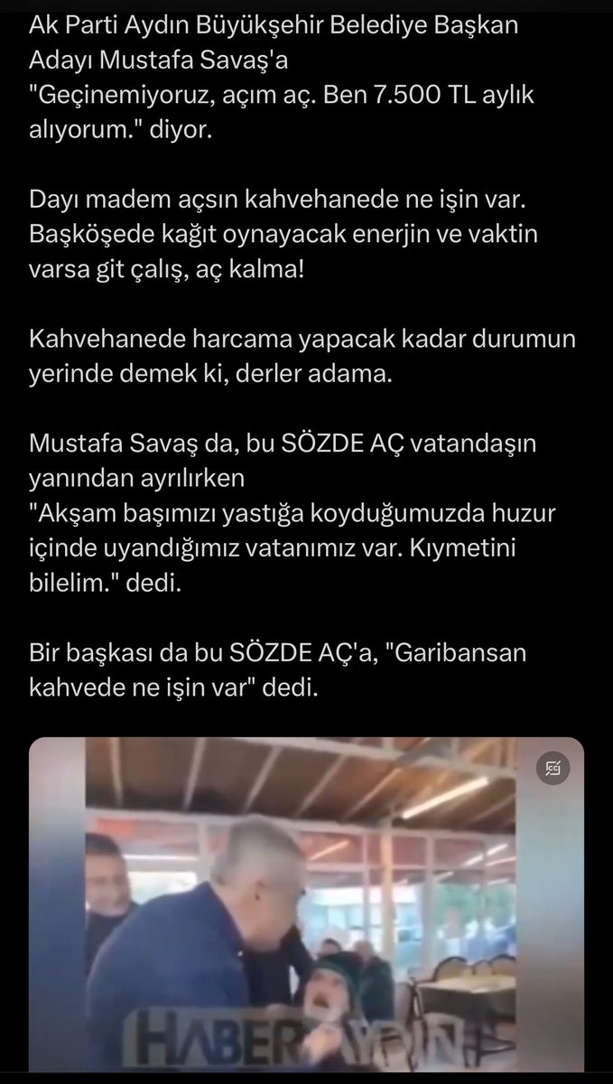 ldrprlkyldz's tweet photo. Bir emekli vatandaş, kahvehane ziyareti yapan Ak Parti Aydın Büyükşehir Belediye Başkan Adayı Mustafa Savaş'a
"Geçinemiyoruz, açım aç. Ben 7.500 TL aylık alıyorum." diyor.

Dayı madem açsın kahvehanede ne işin var. Başköşede kağıt oynayacak enerjin ve vaktin varsa git çalış, aç kalma! 

Kahvehanede harcama yapacak kadar durumun yerinde demek ki, derler adama.

‼️ Değerli Dostlarım sizlerle basit bir test yapalım.

Telefonunuzda Google aramalara🔎 

📌önce “EMEKLİ” kelimesini arattıralım ardından görsellere girerek çıkan görsellere bakalım.

📌Sonra “RETIRED” (emekli) kelimesini aratalım, yine çıkan görsellere bakalım. 

Türkiye’de ki emeklinin durumuyla, yabancı emeklilerin durumunu kıyaslayalım. 

👉🏻Yabancılarda mutlu, gezen ve eğlenen yaşlılar varken bizde kuyrukta bekleyen, bankamatik önünde mutsuz yaşlılarımızı görüyoruz.

Takdir sizin ancak ben EMEKLİMİZE reva görülen elin ayağın tutuyorsa git çalış zihniyetini kabul etmiyorum. 

Zulüm ile âbad olunmaz. 🇹🇷
#Emekli #Yoksulluk #Vicdan