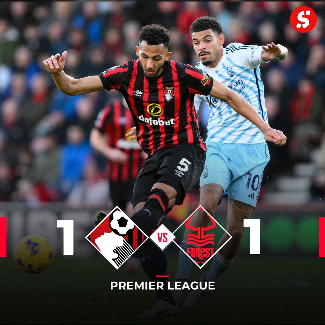 SportyBet's tweet photo. Bournemouth and Nottingham Forest played out a 1️⃣-1️⃣ draw. 
Both sides are back in Premier League action next Saturday with Bournemouth away at Fulham and Forest hosting Newcastle United. 
#GetSporty #Bournemouth #NottinghamForest #EPL #EPLToday https://t.co/Gyx4mRXeZ4
