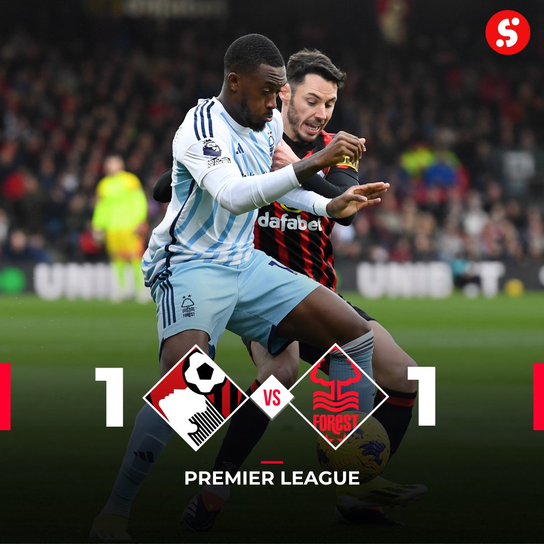 sportybetgh's tweet photo. Bournemouth and Nottingham Forest played out a 1️⃣-1️⃣ draw. 
Both sides are back in Premier League action next Saturday with Bournemouth away at Fulham and Forest hosting Newcastle United. 
#GetSporty #Bournemouth #NottinghamForest #EPL #EPLToday https://t.co/TaEIuAqvut