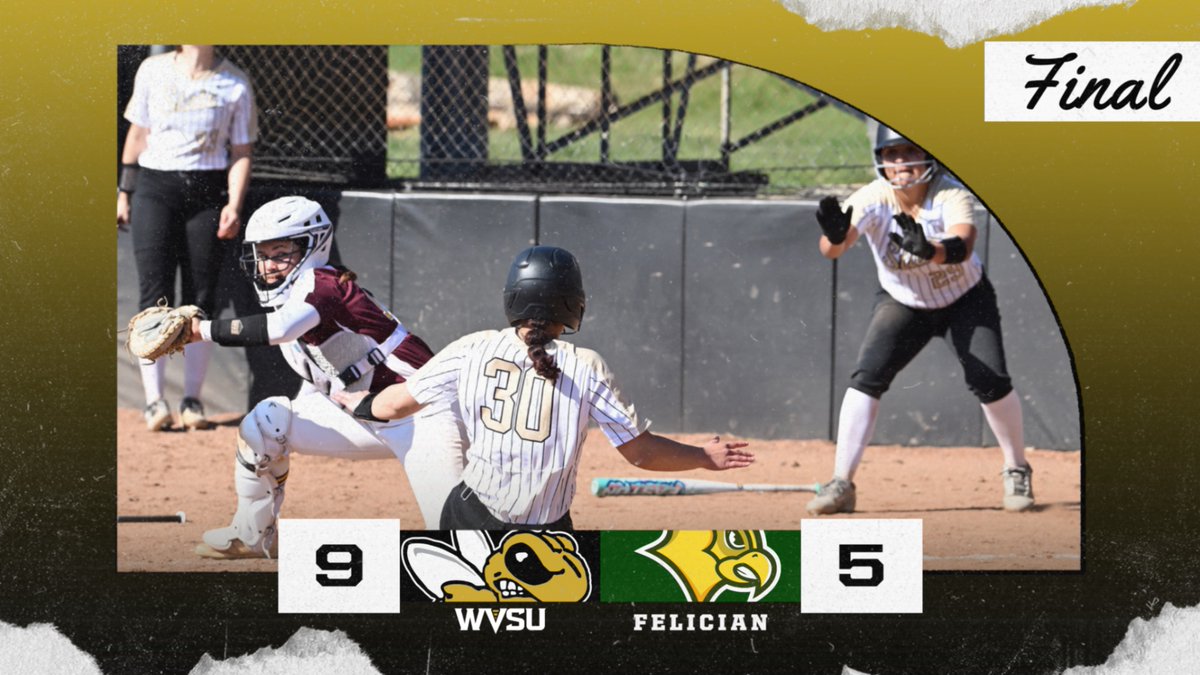 wvsuathletics's tweet photo. 🥎 | FINAL: WVSU 9, FELICIAN 5 👏👏

🟡 E. CLARK: 2-3, 3 R, RBI, BB, SB
⚫️ A. DILLOW: 2-2, R, 4 RBI, BB, SB
🟡 K. CABRAL: 2-3, 2 R, 2 RBI
⚫️ K. MURPHY: WIN, 5 IP, 6 K

#GoState 🐝 https://t.co/OEkzU1vOxZ