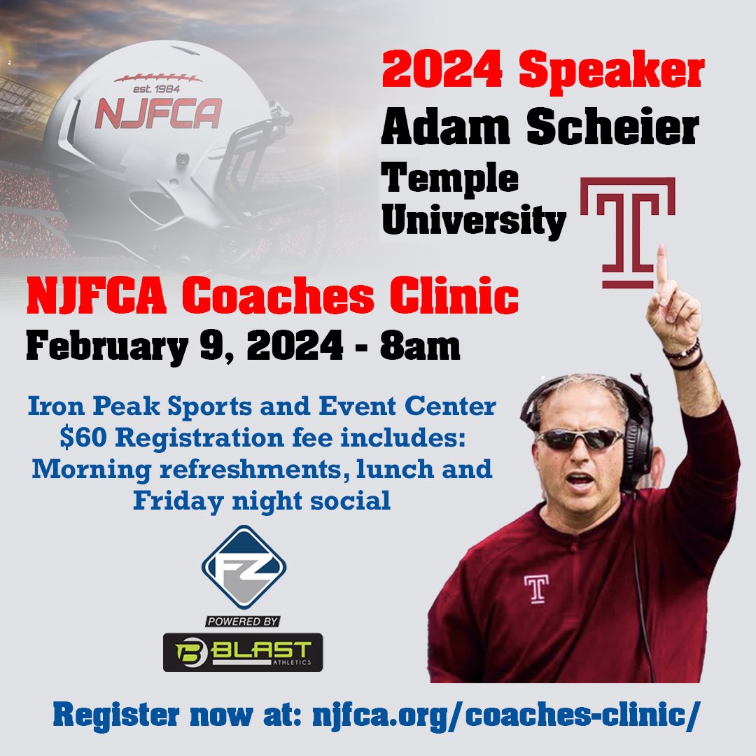 Can’t wait to hear @CoachScheier of @TempleFootball speak on Feb 9th! Get registered today: njfca.org/coaches-clinic/