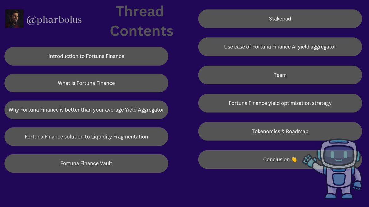Pharbolus's tweet photo. 📖 Thread contents

🤗 Intro

🕵️What is @fortunafi_io 

♟️Why @fortunafi_io is better than traditional yield aggregator

🔆 Fortuna Finance's solution to Liquidity Fragmentation

🌀Fortuna Finance Vault

💧Stakepad 

&amp; more as seen in the image below

#FortunaFinanceThreadContest https://t.co/yrhhUlC1Ct