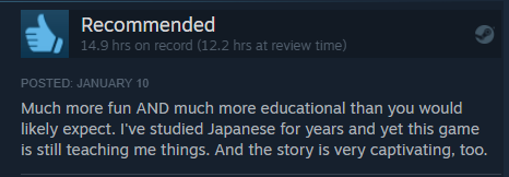 StudyBunnyGames's tweet photo. Thanks to everyone who takes time to leave a positive review for the game!  Here's one of our favorites from January! #learnjapaneserpg #learnjapanese https://t.co/JqSQQtcooP