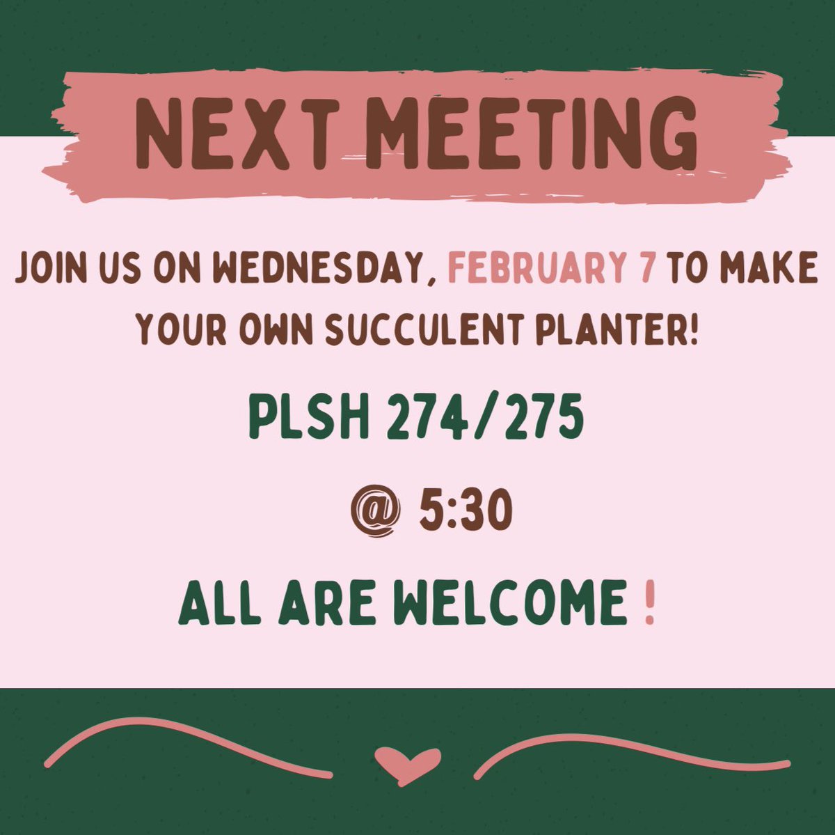 UNL_Hort_Club's tweet photo. Join us for our next meeting on February 7 @ 5:30 in PLSH 274/275! We will be making succulent planters that you can arrange yourself! No cost. 
See you there!
#unlhortclub #plantpeople 
🪴🌷🌼 https://t.co/ns1r6E1jyO