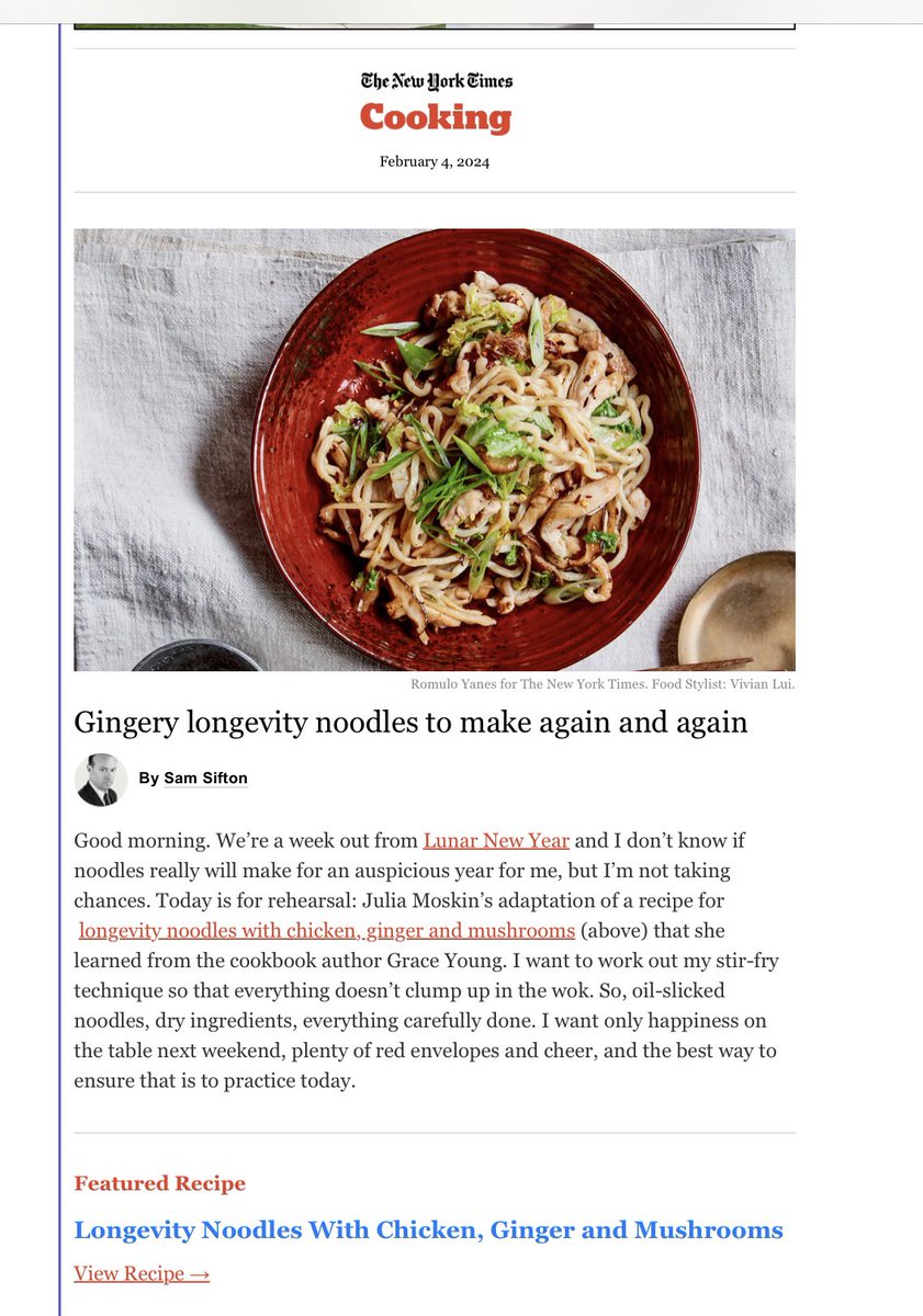 Thnx @SamSifton @nytcooking 4 featuring my recipe for Longevity Noodles w/Chicken, Ginger+Mushrooms for the Year of the Dragon! This is a time for new beginnings and the Chinese believe you can completely change your luck if you eat meaning ladened foods for 1st two wks of yr.