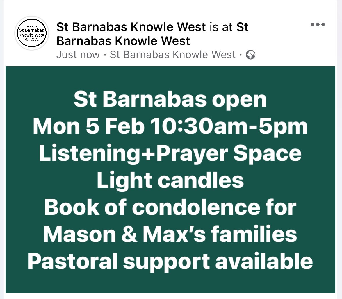 St Barnabas will continue to be a Listening & Prayer Space next week for the people of #knowlewest in response deaths of Mason Rist and Max Dixon. Monday times here 👇 #filwoodpark #prayersforpeace