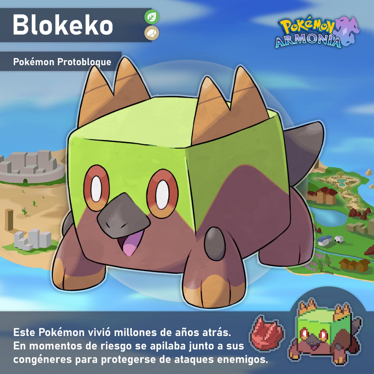 PkmArmonia's tweet photo. 🟩¡Si restauráis el Fósil Placa nacerá un pequeño Blokeko!🟩

Se dice que las antiguas pirámides fueron construidas usando como referencia restos fósiles de este Pokémon.

¿Qué os parece este pequeño? ¡300🔄y subimos su evolución esta semana! https://t.co/ekE1jehrdx