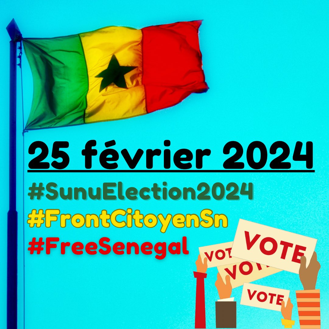 Moi, Citoyen Sénégalais, revendique le respect de mon droit inaliénable et inaltérable de porter fièrement ma citoyenneté et d'exercer ma souveraineté, en allant voter le 25 février 2024. 

#SunuElection2024
#FrontCitoyenSn 
#FreeSenegal