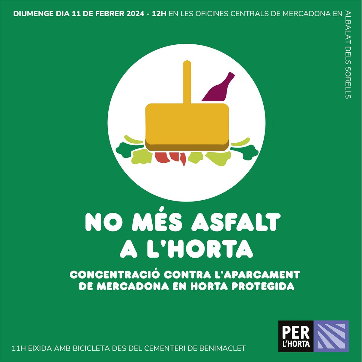 💥Us esperem el proper diumenge 11 a Albalat dels Sorells a les 12h.💥
🛑No més asfalt a l'horta 🛑
🔄RT
👉🏼 Concentració🧑‍🤝‍🧑👭👬
👉🏼 Marxa en bici des de Benimaclet 🚴🏼🚴🏼🚴🏼