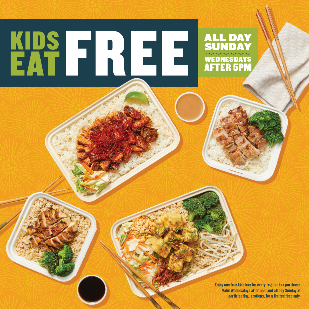 Wondering what to do today without a game on?
Bring the family to Asian Box where Kids Eat Free every Sunday all day!!