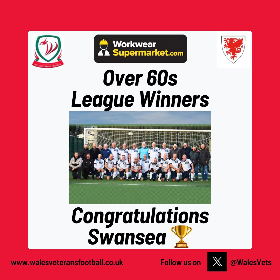 Today saw the first two league champions crowned across all the leagues Congratulations to @LlanelliV O50s on winning the @Workwear_SM Over 50s League🏆 Congratulations to @SwanseaVets O60s on winning the @Workwear_SM Over 60s League🏆 Amazing advert for #VetsFootball ❤️🏴󠁧󠁢󠁷󠁬󠁳󠁿⚽️