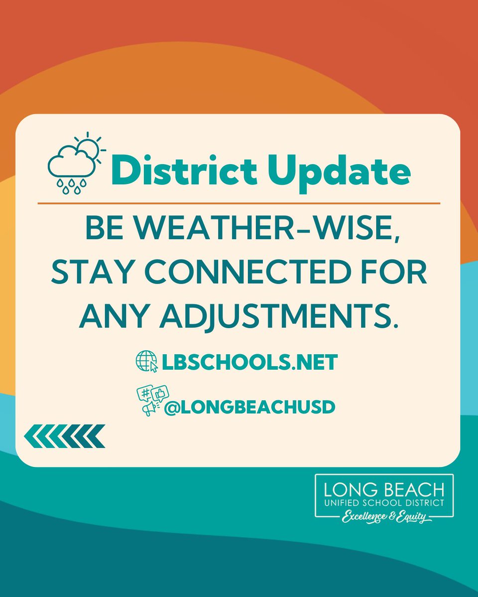 ⛈ Update ➡️ Due to increased weather concerns, prioritize safety. For urgent updates, rely on direct school communication and check social media feeds. Visit longbeach.gov for updates from the City of Long Beach. #WeatherWatch 🌊⚠️