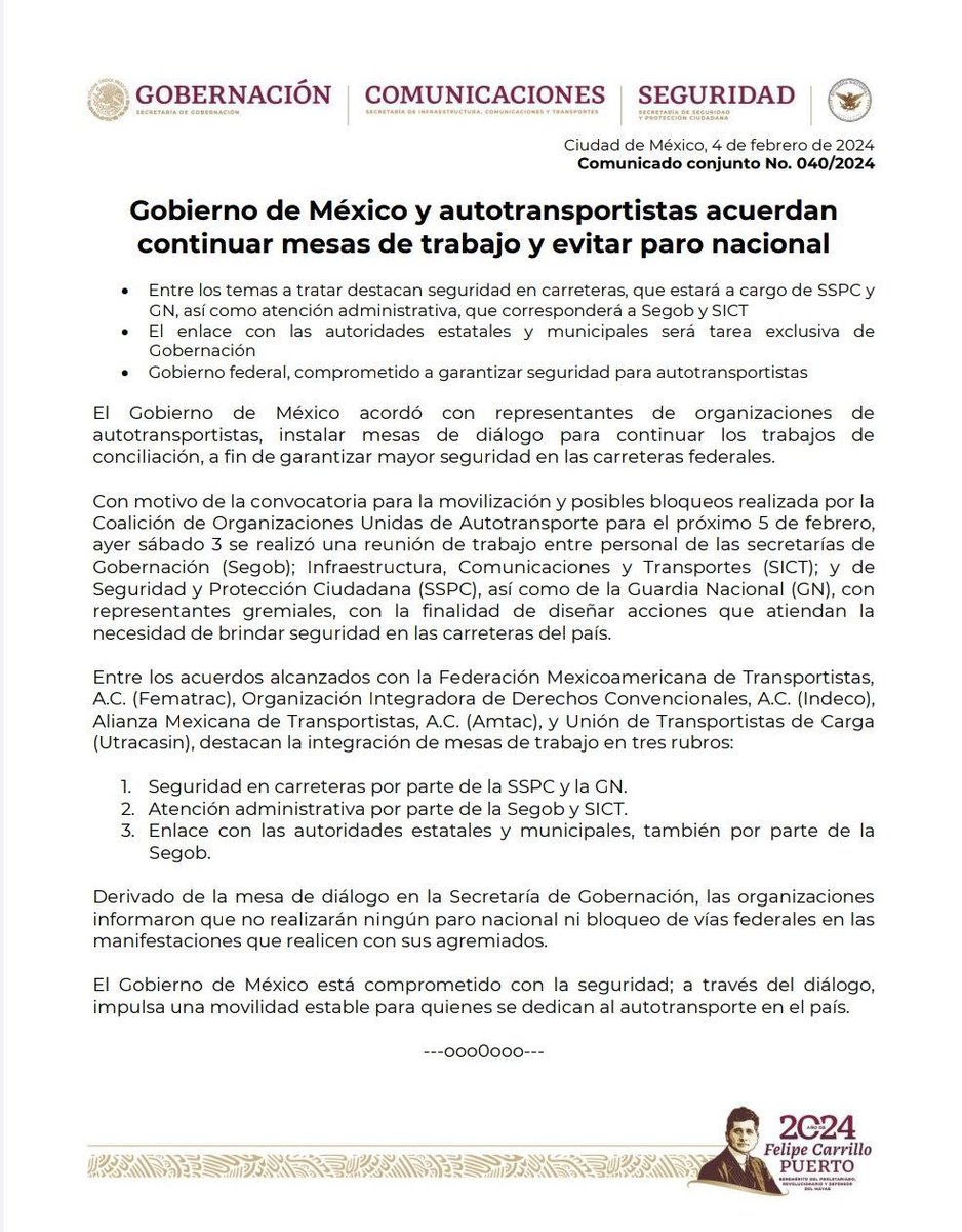 jesibalta's tweet photo. 📣#QueSiempreNo| Tras alcanzar algunos acuerdos el Gobierno federal informa que no habrá  paro nacional de transportistas convocado para este 5 de febrero. https://t.co/anAxOILh3p