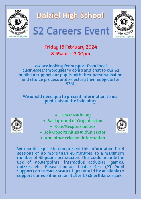 DalzielHigh's tweet photo. We are looking for local businesses or employees to support our S2 careers event. Please find details below https://t.co/3CZgGY8Xpl