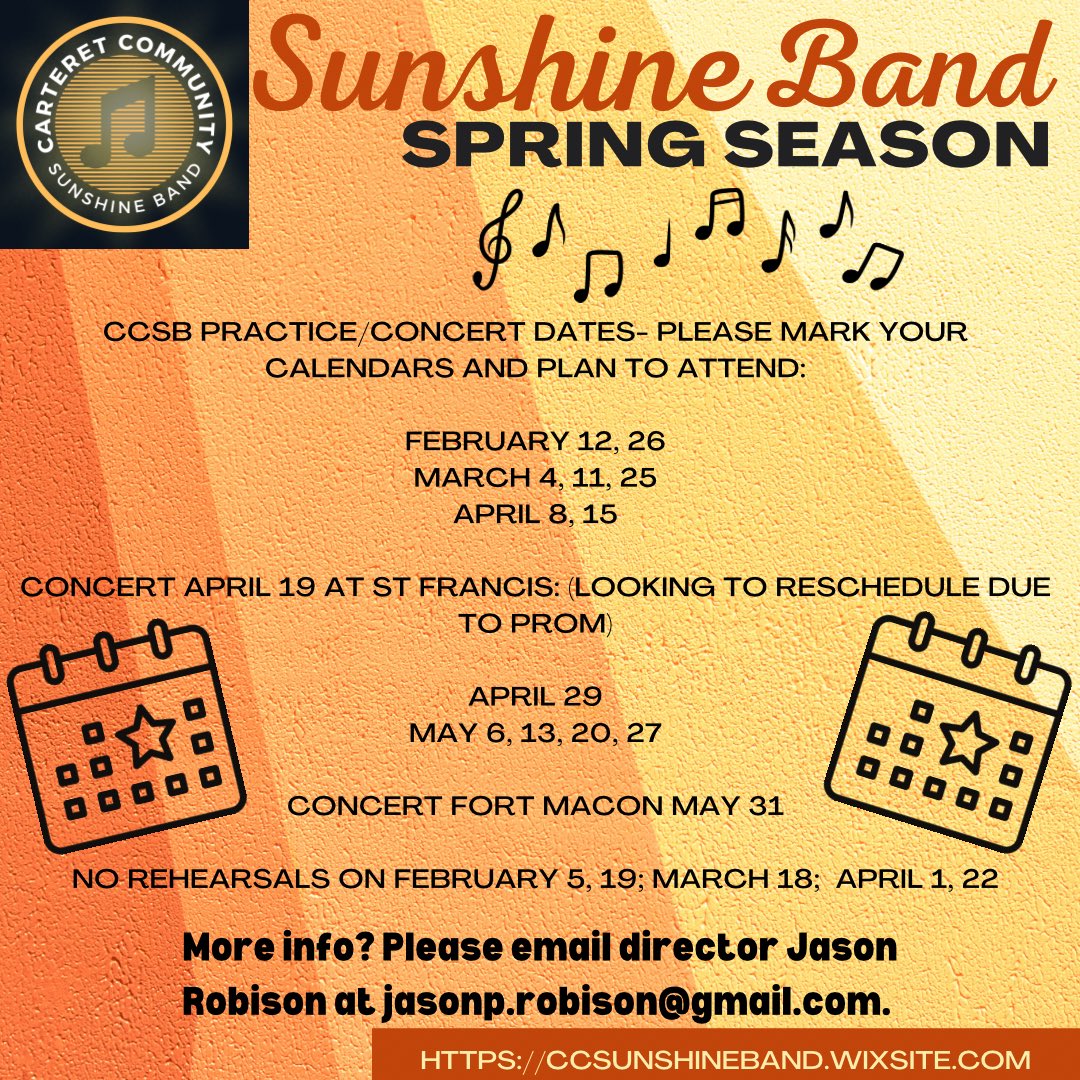 Schedule updates! Please share with your band buddies to make sure everyone has these dates on their calendars! See you at our next rehearsal on Feb. 12th! 🎶