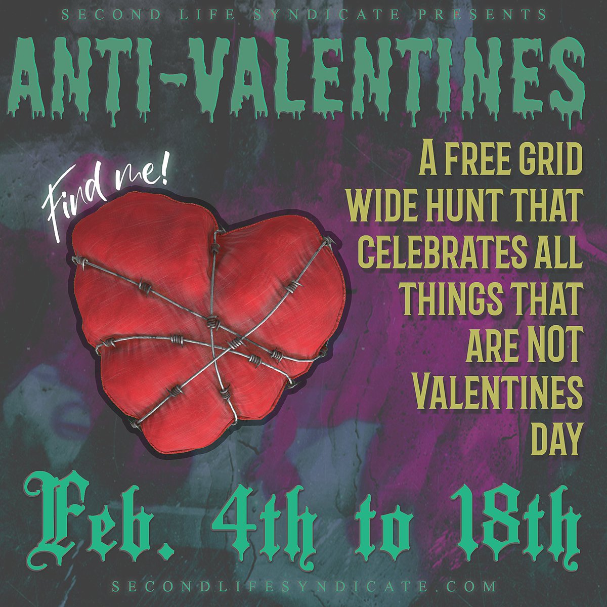 sl_syndicate's tweet photo. Anti Valentines Hunt 2024 Is Here!
https://t.co/gRG4r6Bl7s
#SecondLife #SecondLifeSyndicate #SLSyndicate https://t.co/J0hWp8WZZt