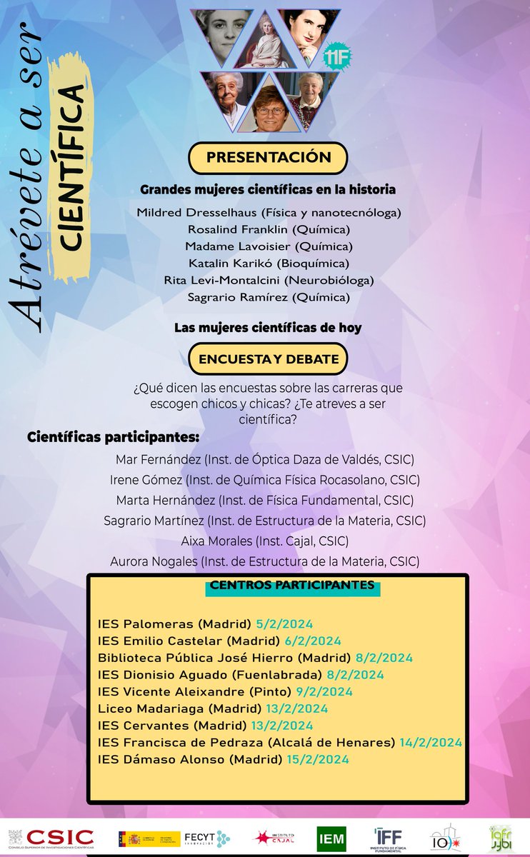 Vuelve el #11F <a href="/11defebreroES/">Día Mujer y Ciencia</a> <a href="/mujerconciencia/">Mujeres Con Ciencia</a>  y en el <a href="/InstitutoCajal/">Centro de Neurociencias Cajal - CSIC</a> participamos una vez más junto a investigadoras del <a href="/IEM_CSIC/">IEM-CSIC</a> <a href="/IO_CSIC/">Instituto de Óptica (CSIC)</a> <a href="/iqf_csic/">IQF-CSIC</a> @Iff_csic con la actividad en IES de la Comunidad de Madrid
#AtreveteASerCientifica 
<a href="/CSIC/">CSIC</a> <a href="/CSICdivulga/">CSIC Divulga</a> 🔬🧬🧑‍🔬🚀🔭📡🛰️🧪🧫⚗️♀️