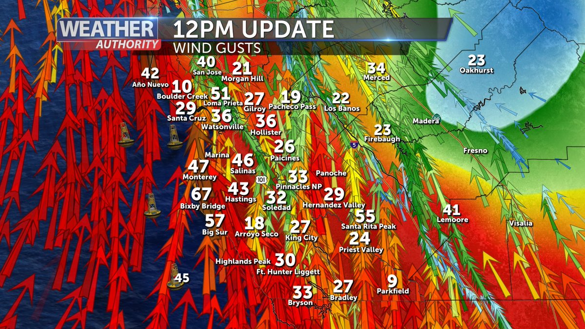 danncianca's tweet image. Winds are shifting more to the south as we head into the afternoon, this is creating a void in the clouds &amp;amp; rain around Monterey Bay, so some of you may be seeing sunshine. It looks like the heavier moisture plume has moved on, so we're more likely to see rounds of...(1/2) 
#CAwx