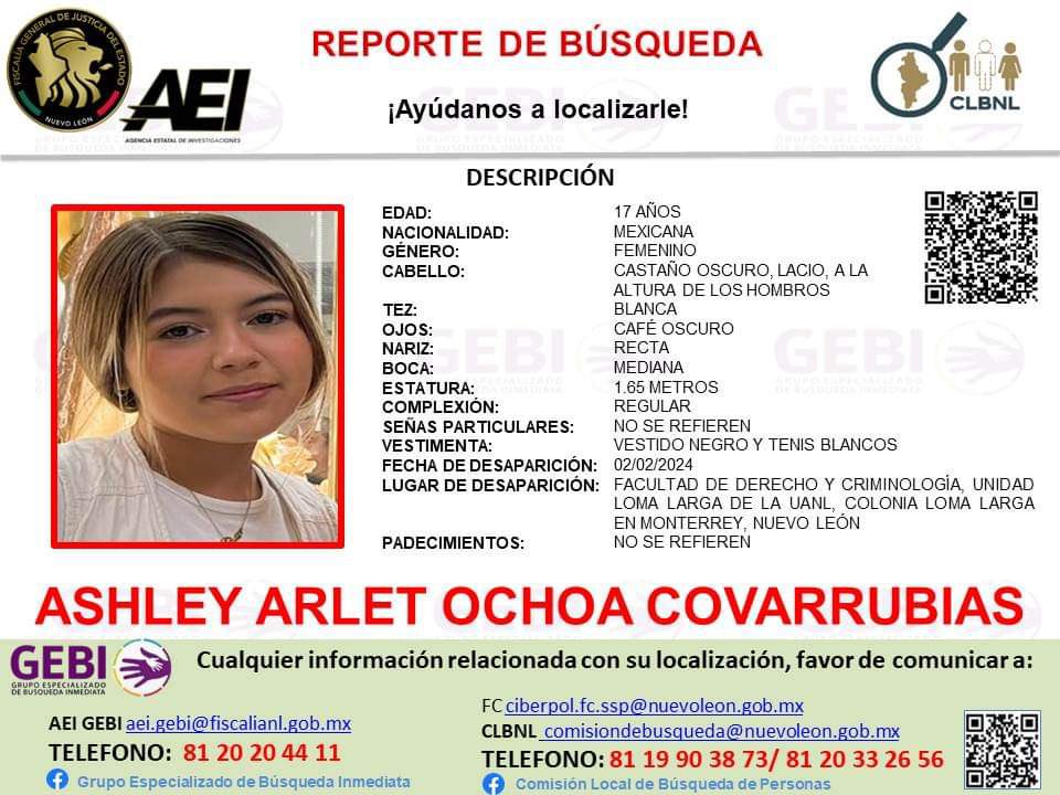 LoQuePasaEnNL's tweet photo. Apoyemos compartiendo para encontrar con urgencia a ASCHELY ALRET OCHOA COVARRUBIAS de 17 años, vecina de la Colonia loma larga en Monterrey, desde el viernes no está ubicada por su familia !! https://t.co/kWN9bln4k9