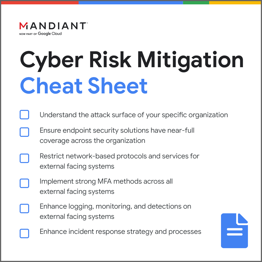 Mandiant's tweet photo. Through our extensive experience responding to some of the world's most impactful threats, we found six critical tasks that organizations should implement to effectively mitigate cyber risk. https://t.co/1OGDkAzIp9

#CyberSnapshot #DefendersAdvantage https://t.co/FnXglfwZqn