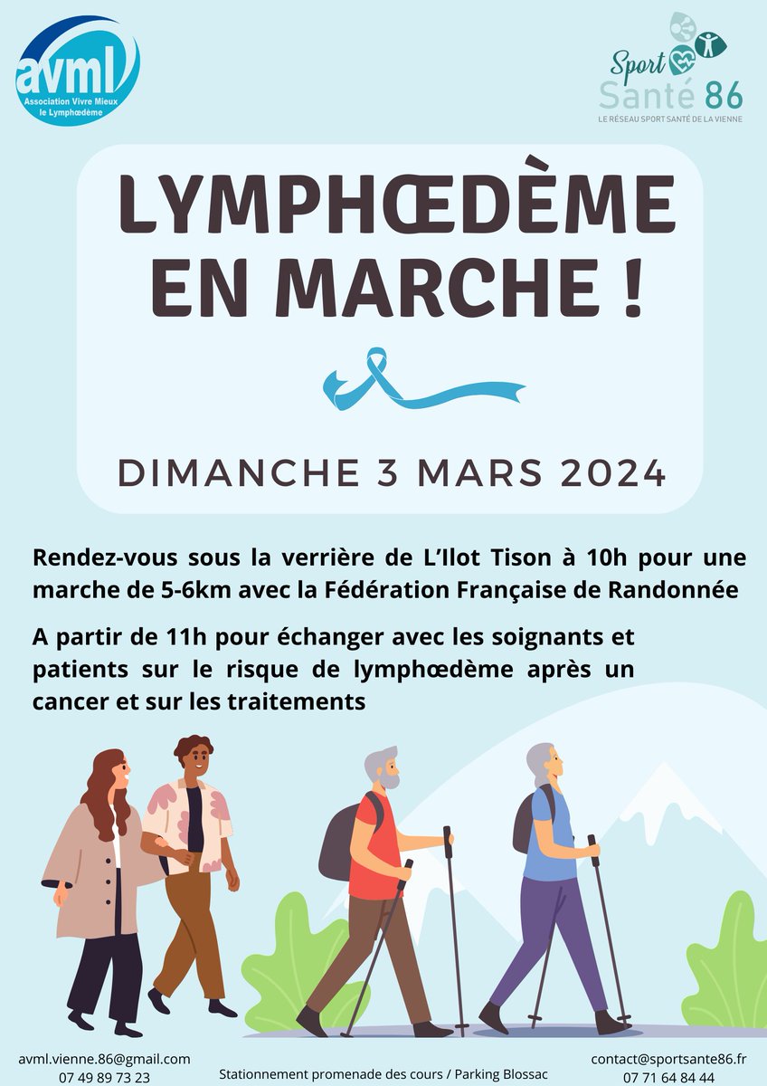 AVML Association Vivre Mieux Le Lymphoedème (@alymphoedeme) on Twitter photo A l'occasion de la Journée Mondiale du #lymphoedeme, nos bénévoles se mobilisent...
3 mars 2024, à Poitiers, marche pour montrer les bienfaits de l'activité physique avec <a href="/Sportsante86/">Sport Santé 86</a>
avml.fr/events/poitier…
<a href="/FAVAMulti/">Filière FAVA-Multi</a> <a href="/lasfmv/">SFMV</a> <a href="/Echoraljpangio/">Dr Jean Pierre Laroche #vacciné 6.0</a> <a href="/LYMPHOSPORT/">Eleonore Piot - de Villars LYMPHOSPORT</a> A l'occasion de la Journée Mondiale du #lymphoedeme, nos bénévoles se mobilisent...
3 mars 2024, à Poitiers, marche pour montrer les bienfaits de l'activité physique avec <a href="/Sportsante86/">Sport Santé 86</a>
avml.fr/events/poitier…
<a href="/FAVAMulti/">Filière FAVA-Multi</a> <a href="/lasfmv/">SFMV</a> <a href="/Echoraljpangio/">Dr Jean Pierre Laroche #vacciné 6.0</a> <a href="/LYMPHOSPORT/">Eleonore Piot - de Villars LYMPHOSPORT</a>