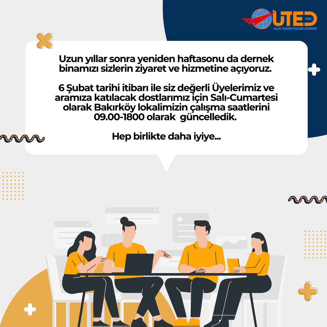 utedmedya's tweet photo. Uzun yıllar sonra yeniden haftasonu da dernek binamızı sizlerin ziyaret ve hizmetine açıyoruz. 

6 Şubat tarihi itibarı ile siz değerli Üyelerimiz ve aramıza katılacak dostlarımız için Salı-Cumartesi olarak Bakırköy lokalimizin çalışma saatlerini 09.00-1800 olarak  güncelledik. https://t.co/RPA9OEyZWl