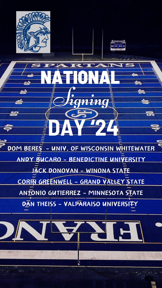 St. Francis HS Spartan Football🏈 (@sfhsfbwheaton) on Twitter photo National signing day is Wednesday, February 7th! Come help us celebrate these great student-athletes as they sign their national letters of intent at 2:45pm in the Spartan Theater! #ALLIN <a href="/DomenicBeres55/">Domenic Beres</a> <a href="/bucaro_andy/">Andy Bucaro</a> <a href="/JackDonovan65/">Jack Donovan</a> <a href="/CJGreenDB2/">Corin Greenwell</a> <a href="/Antonio12751/">Antonio Gutierrez</a> <a href="/_dantheiss/">Dan Theiss</a> National signing day is Wednesday, February 7th! Come help us celebrate these great student-athletes as they sign their national letters of intent at 2:45pm in the Spartan Theater! #ALLIN <a href="/DomenicBeres55/">Domenic Beres</a> <a href="/bucaro_andy/">Andy Bucaro</a> <a href="/JackDonovan65/">Jack Donovan</a> <a href="/CJGreenDB2/">Corin Greenwell</a> <a href="/Antonio12751/">Antonio Gutierrez</a> <a href="/_dantheiss/">Dan Theiss</a>