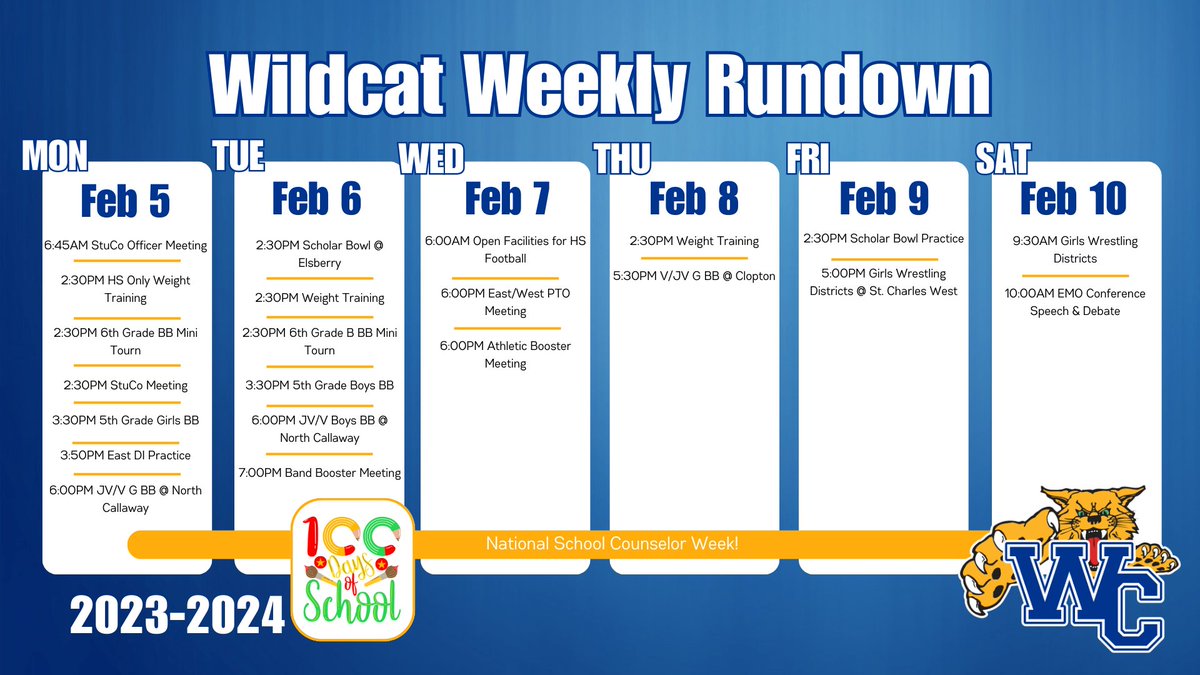 📣 We're excited to invite all parents to join us for a week full of fun! 🎉 This Tuesday marks the 100th day of school! Time flies, and we're grateful for every moment of learning and growth. Here's to a fantastic week ahead! 📚 #wildcatstrong