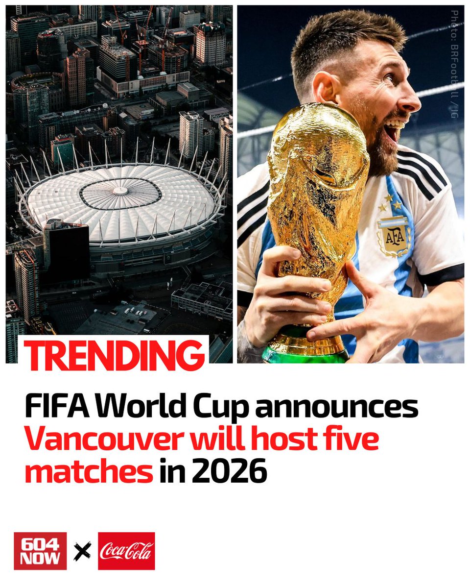 604Now's tweet photo. BREAKING 🚨 The #FIFAWorldCup is coming to Vancouver 🏆⚽ 

#Vancouver will host 5 games on the following dates:

- Saturday, June 13
- Thursday, June 18 
- Sunday, June 21 
- Wednesday, June 24 
- Friday, June 26 https://t.co/p91CxZNOAJ