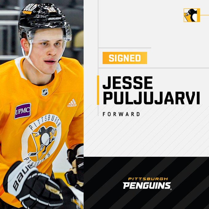 Photo of Puljujarvi with the words “signed”, “forward”, and the Pittsburgh Penguins wordmark.