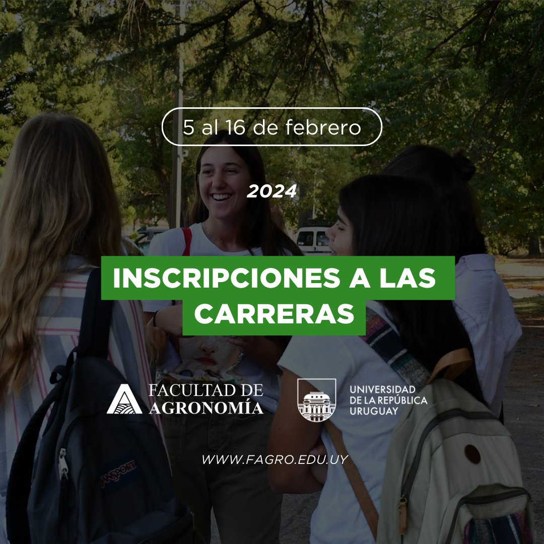 📢Del 5 al 16 de febrero son las inscripciones en @udelaruy ‼️En Facultad de Agronomía encontrás la oferta educativa y la información para inscribirte en fagro.edu.uy. 📲Sección Bedelía: (+598) 2359 7191 al 94 int. 1, 2358 3022, 098 290 536, bedelia@fagro.edu.uy.