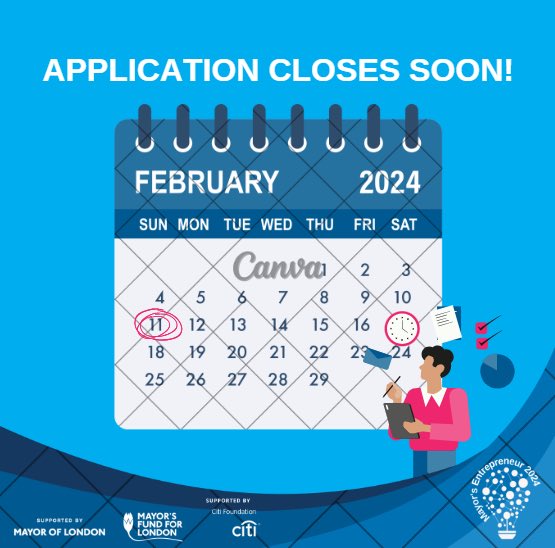 Just a reminder that the deadline for the Mayors entrepreneurship competition 2024 is one week away! Be sure to get your applications in before 23:59 pm Sunday 11th February✅📝                                                Link to the application form 👉🏽 mayorsfundforlondon.org.uk/employment-and…