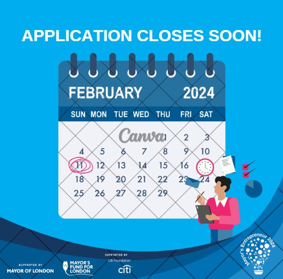 Just a reminder that the deadline for the Mayors entrepreneurship competition 2024 is one week away! Be sure to get your applications in before 23:59 pm Sunday 11th February✅📝 Link to the application form 👉🏽 mayorsfundforlondon.org.uk/employment-and…
