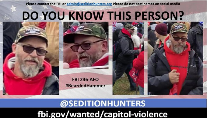 SeditionHunters's tweet photo. Please share across all platforms. #DoYouKnow this person?? Please contact the FBI with 246-AFO https://t.co/CacVxYJIL1 or contact us at admin@seditionhunters.org #Justice4J6 Please do not post names on social media #BeardedHammer https://t.co/OrsyH3reLu