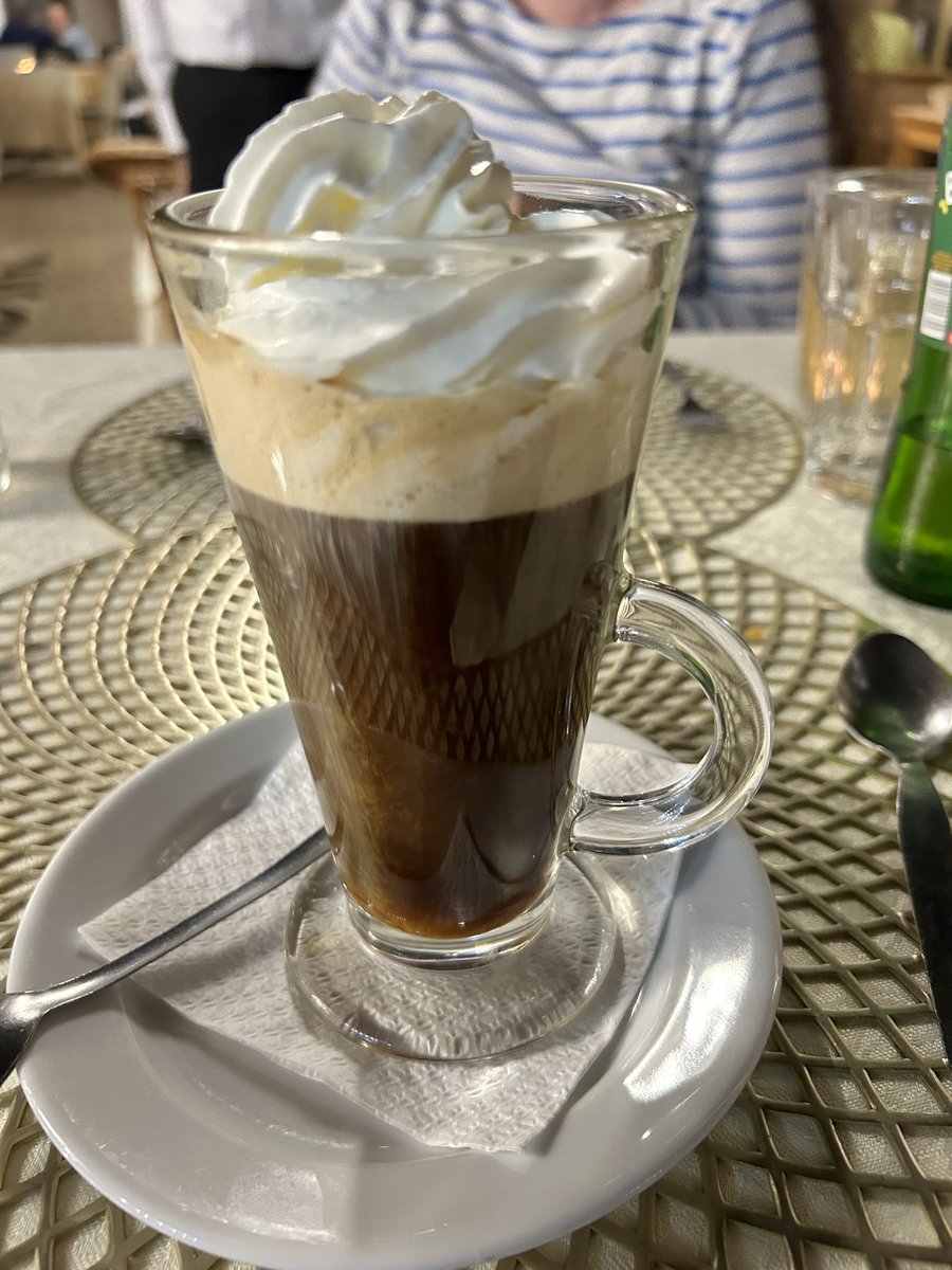 Last night.  Treated myself to brandy disguised as coffee and cream 😄. Been fab hols, would happily come back - oh I am in July to ride MTB 👍