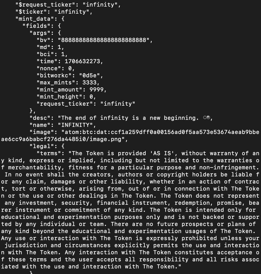 atomicalsxyz's tweet photo. ⚡️The first perpetual mineable #Atomicals #ARC20 token is $infinity at Atomical Number 187,476. 

$infinity represents the world's first perpetual and infinitely mineable Proof of Work (POW) overlay token on #Bitcoin that automatically increases difficulty exponentially forever. 

The end of infinity is a new beginning. ♾

Unofficial and for experimental purposes only. There is no utility, no roadmap, no team and no promise of any kind and merely exists to be whatever the users want it to be through their own efforts. See the published terms in the token metadata (included below).

$infinity is available for anyone to mine and bring into existence according to the protocol rules. It has no purpose except to demonstrate the technology and there are no expectations of profit. We stress that it exists solely as a scientific and educational endeavor for demonstration purposes only with no support and no developments. There is however one practical use for the individual scientists: to channel and strengthen their CPU/GPU miners against something stable and continuous without end.

We know from other #ARC20 tokens that there must exist GPU miners developed and hidden which are strategically deployed because there are already 8 and 9 digit #Bitwork difficulty targets. We hope those developments will be open and become available for everyone soon. The future depends on the acceleration of Proof of Work (POW) adoption on the Bitcoin overlay protocols  for ranking and sorting all content.

$infinity actually has a fixed supply in practice because there is no such thing as infinite energy available to us. As a thought experiment someone can calculate what that supply would be if we took all the energy in the observable universe and applied it all to mine $infinity for a year.

We perform a basic analysis in an attempt to assess how many digits of Bitwork of $infinity (or any Bitwork mineable object) could be achieved and therefore the theoretical maximum supply at the current GPU price/performance ratios. Let us begin.

Assume the hash rate of a modern GPU such as a RTX 4090 (our reference GPU) can achieve 3,000 MH/s = 3 GH/s or about 3,000,000,000 sha256 calculations per second.

Further assume the cost to rent a RTX4090 on https://t.co/vI5v74Bo1O is ~$1.00 USD/hour.

Which means it costs $1.00 USD for 3,600 seconds x 3,000,000,000 hashes = 10,800,000,000,000 total hashes. That is 10 trillion and 800 billion sha256 calculations for $1.00 in 1 hour. That's a lot of hashes.

Adding up the total hashes across all ARC20 ecosystem tokens we arrive at a number approximately in the range of 250 trillion to 300 trillion calculations. Perhaps someone can do a detailed analysis and post it for us. What we see is that it is possible to replicate the results of all ARC20 mints in as little has 25 hours with 1 GPU at a cost of $25.00 USD. This is an interesting result and tells us that there are many orders of magnitude we can reach, so what would a possible limit look like in terms of Bitwork difficulty?

We calculate that the log16 of 10,800,000,000,000 (hashes per hour per $1.00) is 10.824 - or 10 hex digits with a fractional Bitwork at the end such as 0123456789.11. That is worth $1.00 of GPU hash. With the $infinite inflation schedule we arrive at (11-3)*16*3333 = 426,624 total mints for an 11 digit Bitwork achieved and a total supply of 4,265,813,376 = 426,624 * 9999. It gives the cost of every incremental 9999 units $1.00 or about 10 units per $0.01 USD.  

This however does not take into account that BTC transaction fees dominate at the beginning, between $5.00 to $10.00 per mint and hash power cost is negligible until a certain threshold. Let us advance beyond and assume it takes $10 of GPU power to mine an $infinity -  log16 of 108,000,000,000,000 (hashes per 10 hours worth $10) is 11.655 - or 11 hex digits with a fractional Bitwork at the end such as 01234567891.10.

At 100x (ie: $100 per mint cost of GPU) we arrive at 12.485 hex digits.

At 1,000x (ie: $1,000 per mint of GPU) we arrive at 13.315 hex digits.

At 10,000x (ie: $10,000 per mint of GPU) we arrive at 14.146 hex digits.

At 100,000x (ie: $100,000 per mint of GPU) we arrive at 14.976 hex digits

That creates a total supply ceiling of: (15-3)*16*3333 = 639,936 mints or 6,398,720,064 units when the cost per mint is $100,000 USD of rented GPU hash. Which is  absurdly height but nonetheless we use that number to demonstrate a reasonable upper ceiling for the current generation of GPUs and their hash rate performance.

In a lot of ways the Bitcoin BTC network itself is increasing energy levels exponentially for now, but it will reach a limit because the emission rate is decaying with logarithm (ie: halvenings) and therefore it achieves the fixed supply in that manner. Contrasted to infinitely mineable tokens, the energy level needed increases exponentially with no halvenings, but the constraints of physical reality - the energy of the universe available to us imposes the limits and ultimately achieves the same end of a fixed supply.

That completes our basic analysis to show the energy levels imaginable, it would be a tremendous achievement to arrive at 12 digits  (of any digital object or Bitwork content) and set the internet on the correct path to ranking all content and digital objects with Proof of Work. 

In a world dominated by powerful algorithms, deep fakes, and AI, the only assurance we will have is our own economic and intelligent efforts guided by real world costs. Our future as a species depends upon the widespread proliferation of Proof of Work technologies of all kinds to make the world more open, transparent, traceable, verifiable, permissionless and ultimately honest.

We state again that $infinity is not for speculation, not for investment and there is no roadmap, no team, no promises, and no development. It exists solely as a demonstration and educational token of the world's first infinite perpetually mineable token on top of Bitcoin.

The terms published in the metadata of $infinity are reproduced below:

The Token is provided 'AS IS', without warranty of any kind, express or implied, including but not limited to the warranties of merchantability, fitness for a particular purpose and non-infringement. In no event shall the creators, authors or copyright holders be liable for any claim, damages or other liability, whether in an action of contract, tort or otherwise, arising from, out of or in connection with The Token or the use or other dealings in The Token. The Token does not represent any investment, security, financial instrument, redemption, promise, bearer instrument or commitment of any kind. The Token is intended only for educational and experimentation purposes only and is not backed or supported by any individual or team. There are no future prospects or plans of any kind beyond the educational and experimentation usages of The Token. Any use or interaction with The Token is expressly prohibited unless your jurisdiction and circumstances explicitly permits the use and interaction with The Token. Any interaction with The Token constitutes acceptance of these terms and the user accepts all responsibility and all risks associated with the use and interaction with The Token.