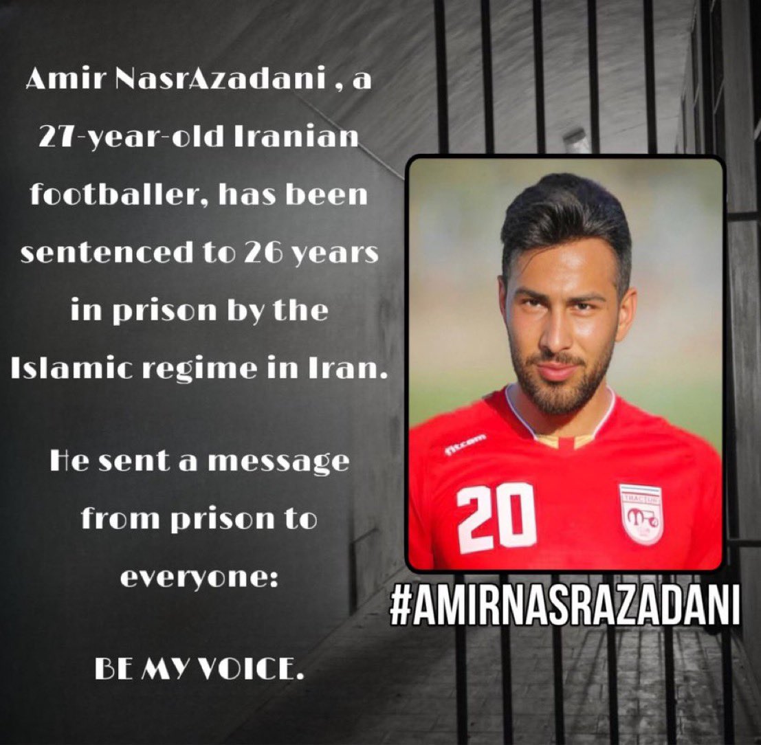 #AmirNasrAzadani was arrested during #MahsaAmini protests in connection with death of 2 #IRGCterrorists members. on 9 Jan 2023 following an unfair trial and he was sentenced to 26 years in prison. Be his voice! 
@SportsAndRights