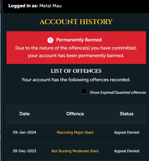 MetalMauOSRS's tweet photo. @JagexTwisted  My top 200 ironman of 9 years recently received two macroing bans in rapid succession. I have absolutely no idea what possibly could have caused either ban. I can only imagine the bans are incorrect, but any chance you can find out what I'm even accused of doing? https://t.co/EdemwL8K04