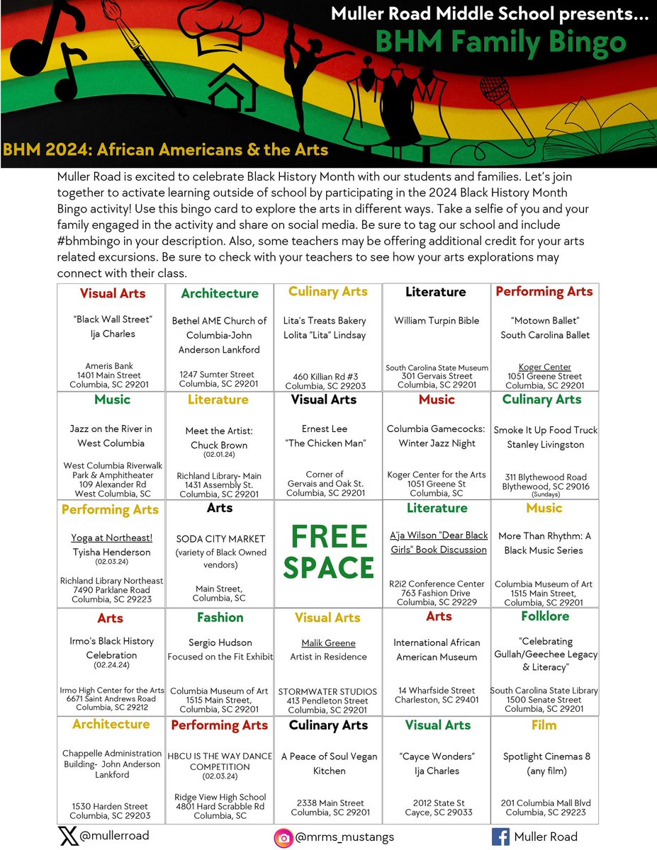 mullerroad's tweet photo. Get ready for an exciting BHM at MRMS! We're introducing the BHM Bingo, a fun way to explore and appreciate the rich history of African Americans.

Complete the bingo card as a family. Participating families stand a chance to win a special prize at the end of the month! https://t.co/EUrpDwecop